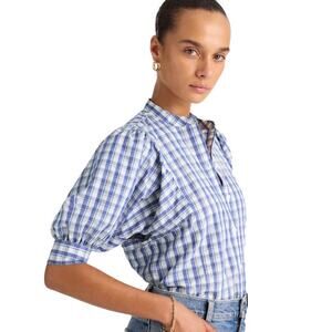 Madewell Puff Sleeve Band Collar Plaid Shirt Blue White Size 2 NWT